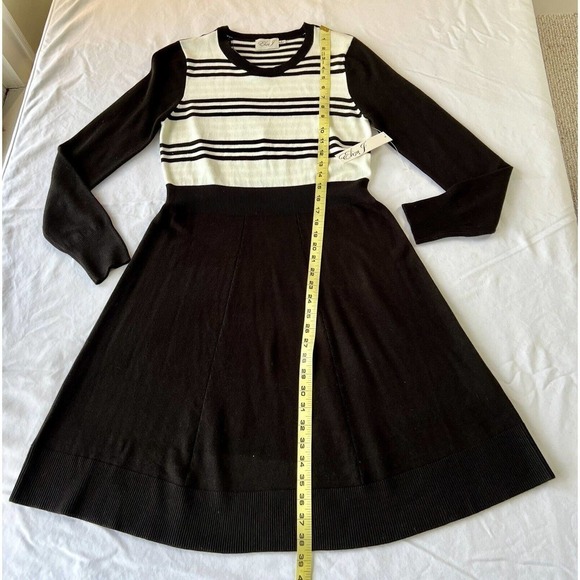 Eliza J Sz MED Sweater Dress Fit & Flare Knit Long Sleeve Black White Striped - Picture 5 of 9